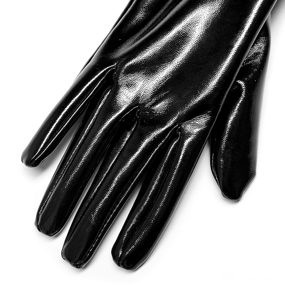 Single black patent leather statement glove front close-up showing high-shine surface, full finger coverage, and slim-fit design