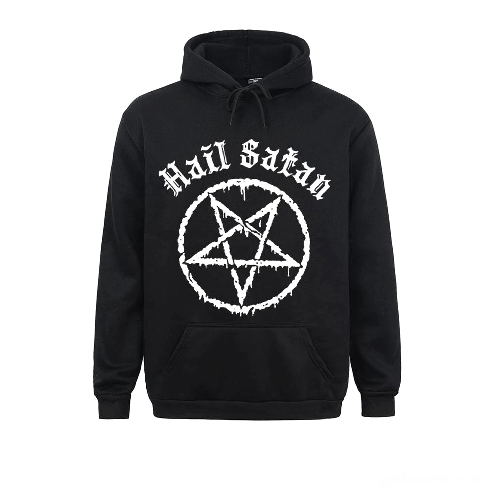 Black pentagram gothic hoodie with white Hail Satan chest print and inverted pentagram symbol, front flat lay view