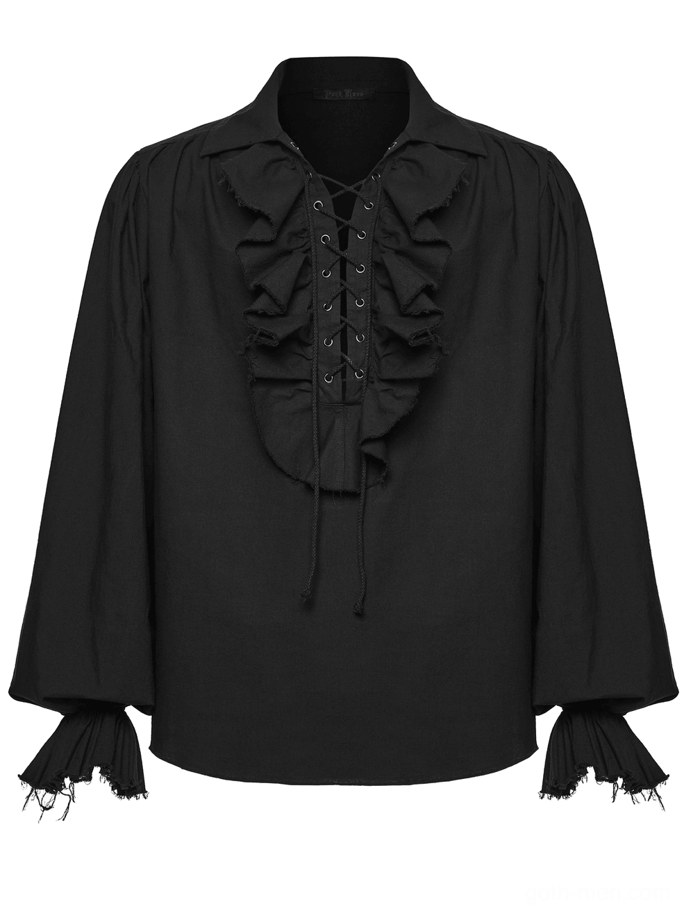 Black gothic poet shirt front flat lay detail showing lace-up ruffled neckline