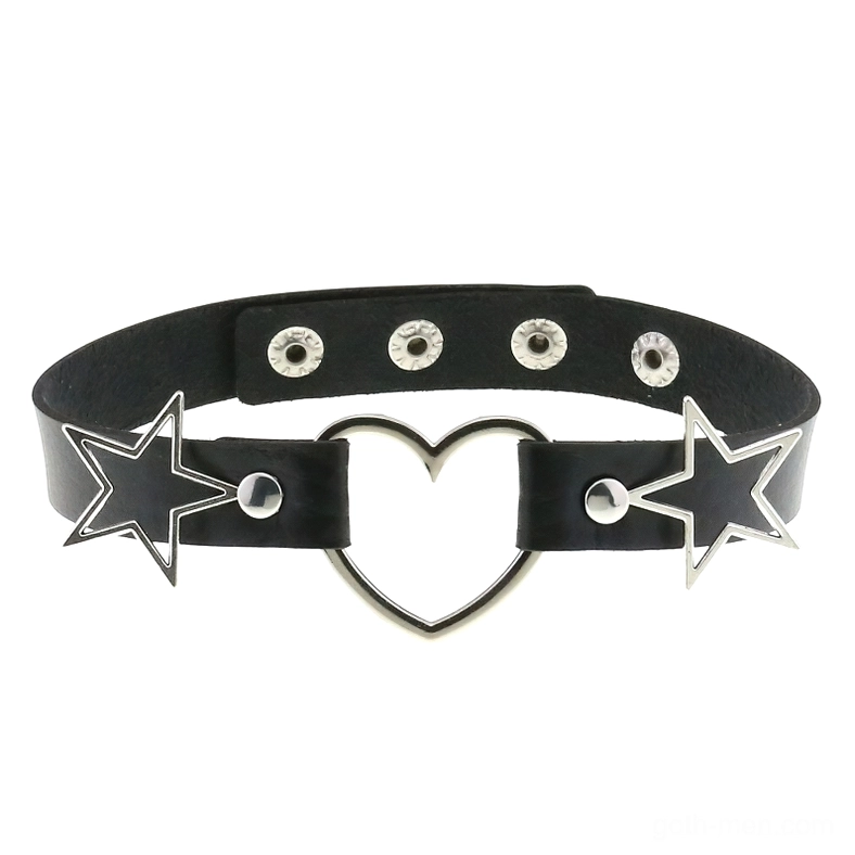 Black leather choker necklace flat lay featuring hollow heart center pendant, flanking silver stars, and adjustable snap fasteners for gothic accessories