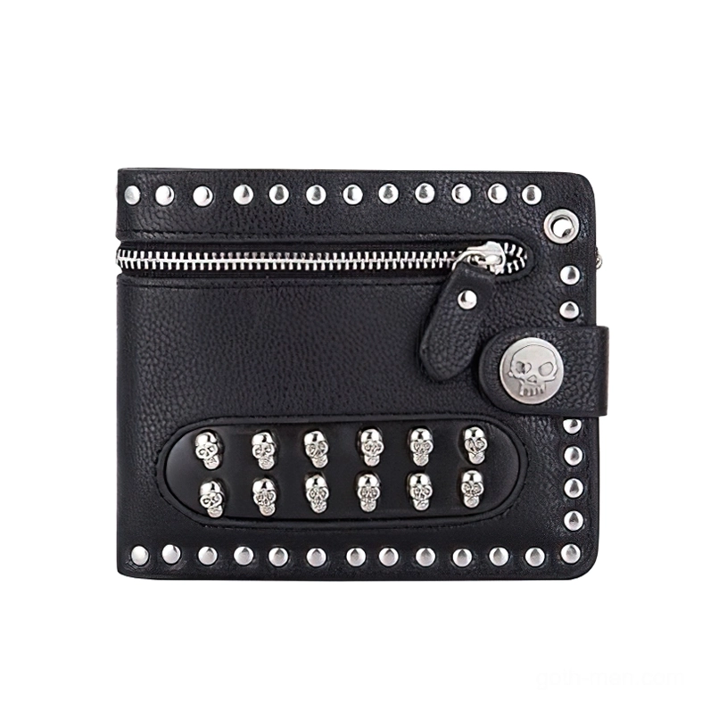 Black gothic punk wallet front view with silver skull studs, rivet details, and secure zipper pouch