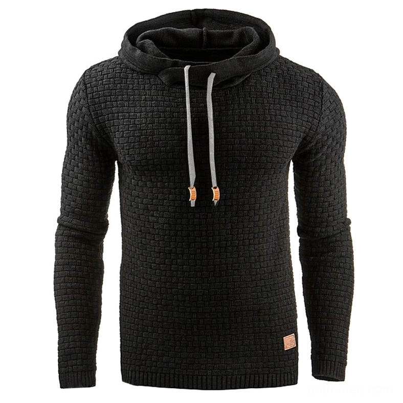 Black quilted gothic hoodie for men with grid texture pattern and orange drawstring hood, front full view