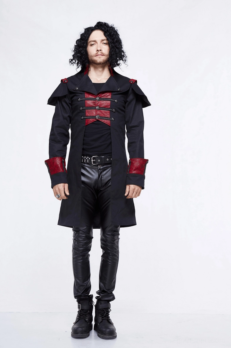 Black and red gothic military-inspired slim fit stand collar cape coat, front view showcasing complete design and black-red color blocking