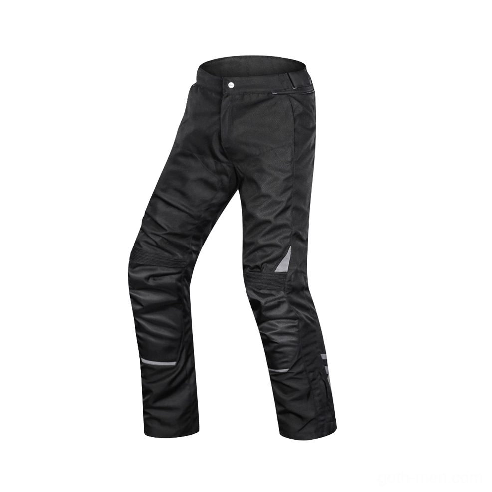 Solid black motorcycle riding pant left side with reflective strips and reinforced seat area
