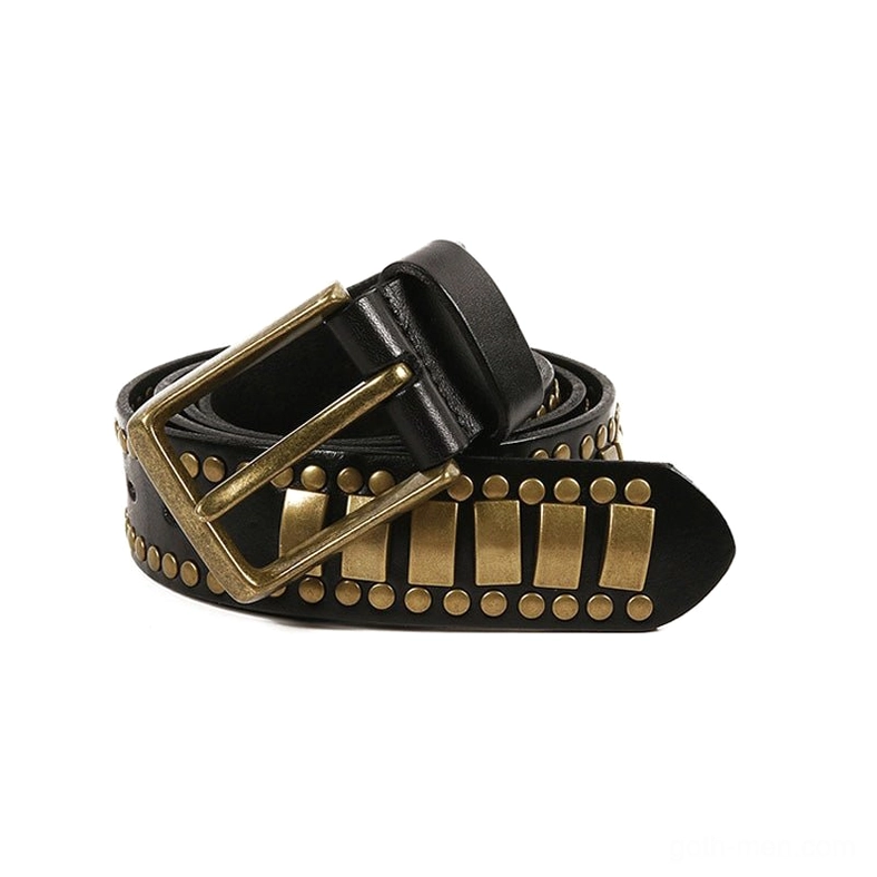 Black leather geometric rivet gothic belt side profile view with bronze metal studs