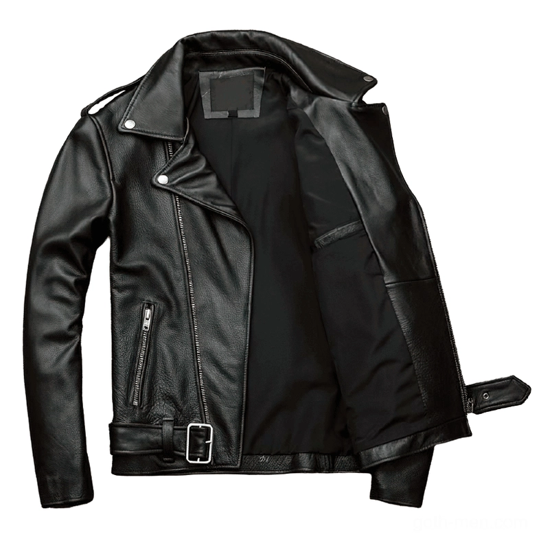 Black sheepskin leather gothic biker jacket interior view lined pockets removable waist belt