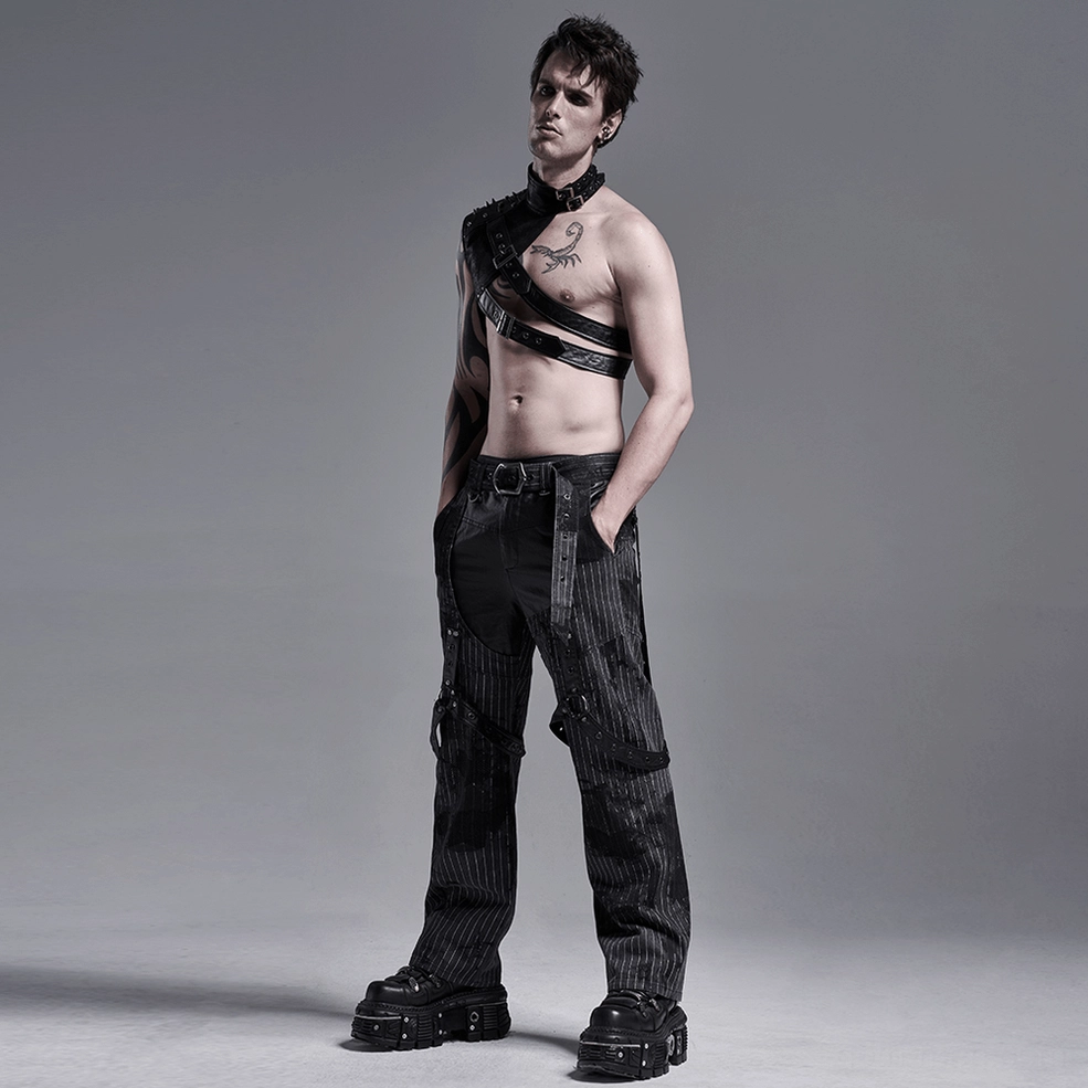 Black leather shoulder harness full-body view - showing versatile fit and asymmetrical positioning on body