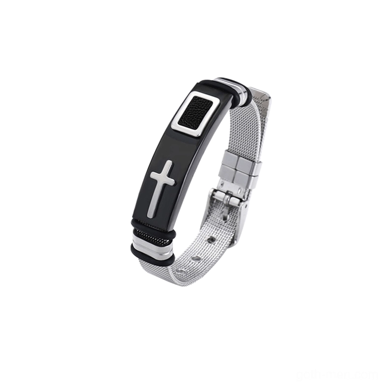 Black and silver gothic cross stainless steel mesh bracelet with polished silver cross detail in profile view