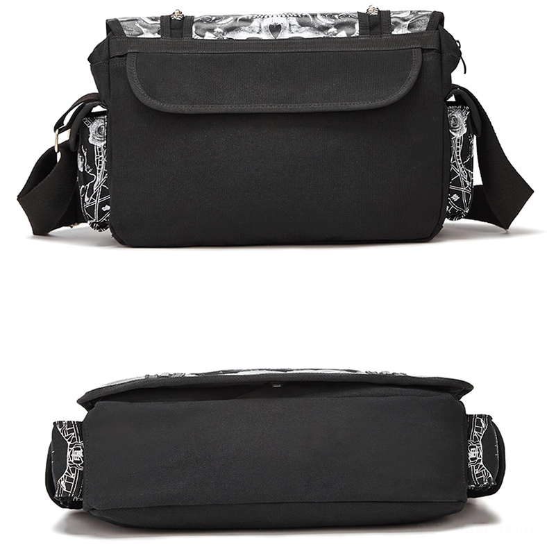 Black gothic canvas crossbody bag product overview showing shape, structure, and skull rose graphic design