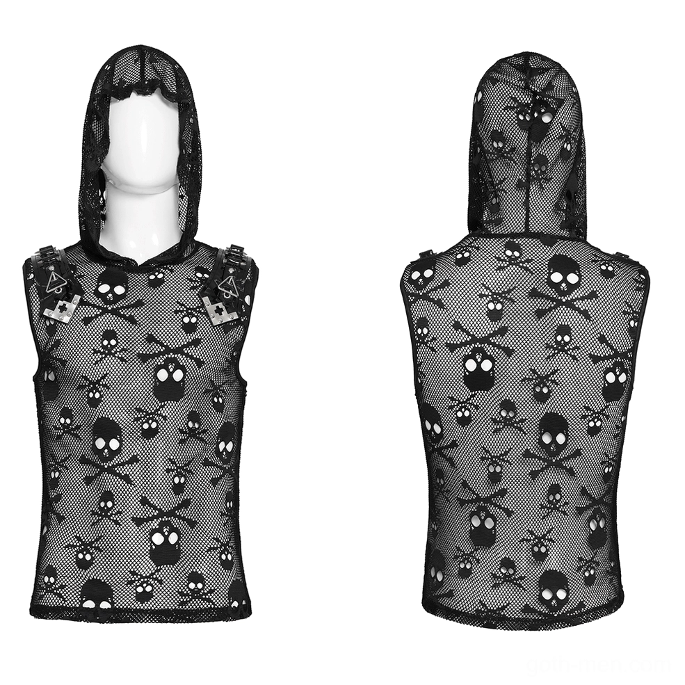 Black skull mesh hooded sleeveless gothic tank top front view on mannequin, featuring metal studded shoulder details, skull print design, and pointed hood