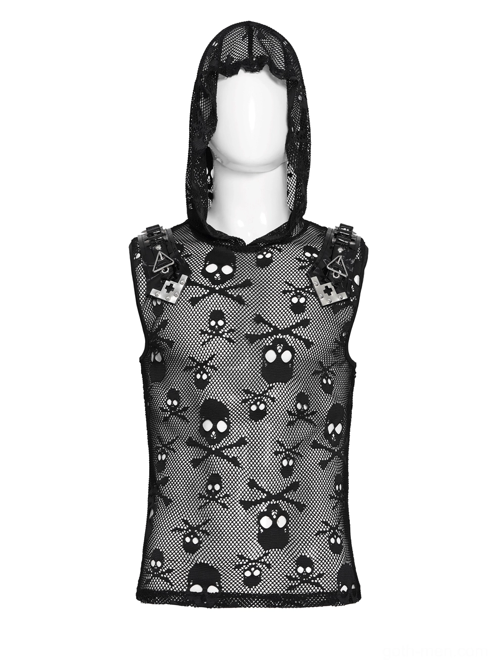 Black skull mesh hooded sleeveless gothic tank top front view with hood up on mannequin, displaying studded shoulder hardware and skull patterns