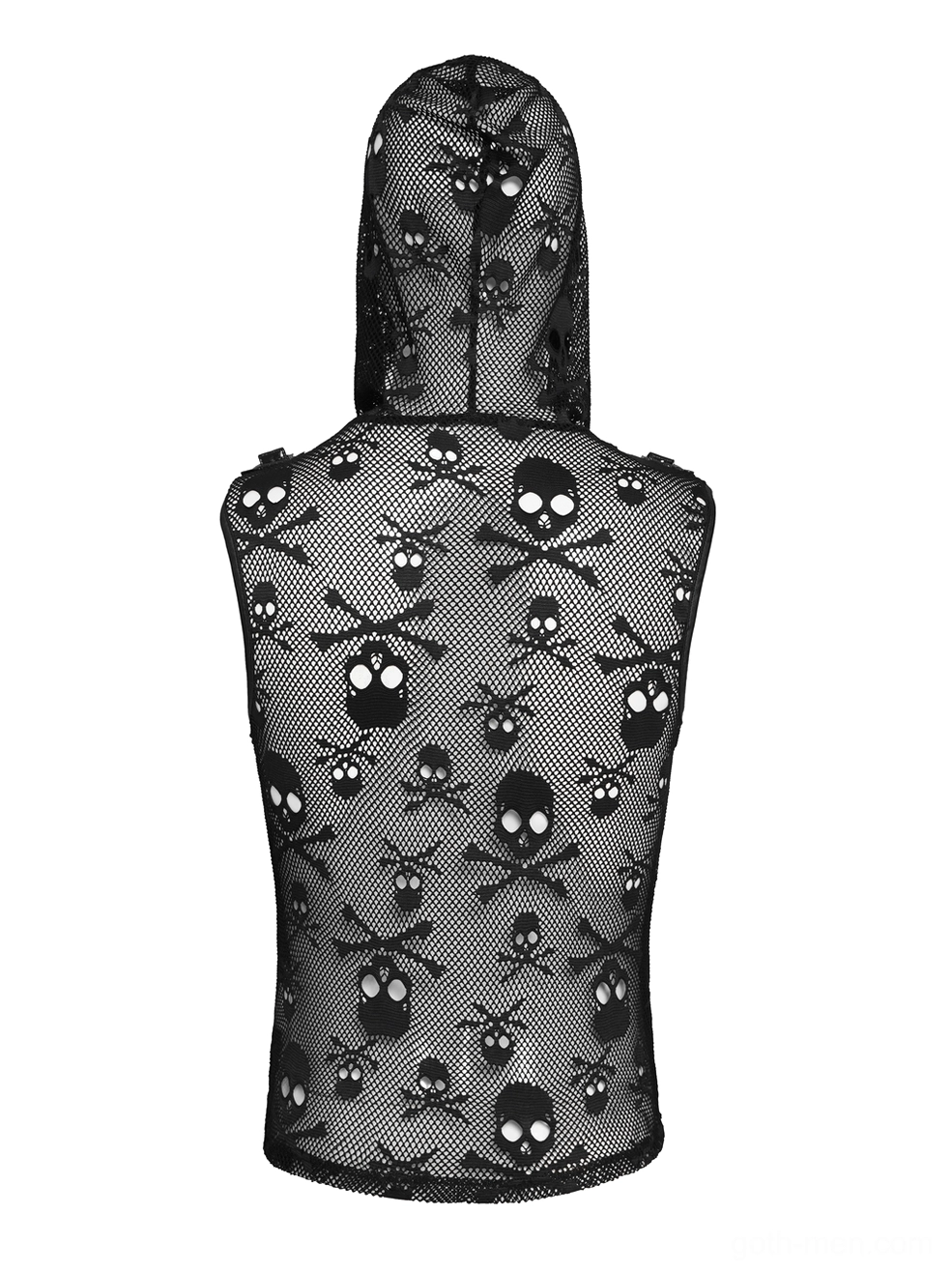 Black skull mesh hooded sleeveless gothic tank top back view on mannequin, displaying all-over skull and crossbones print pattern across sheer mesh fabric