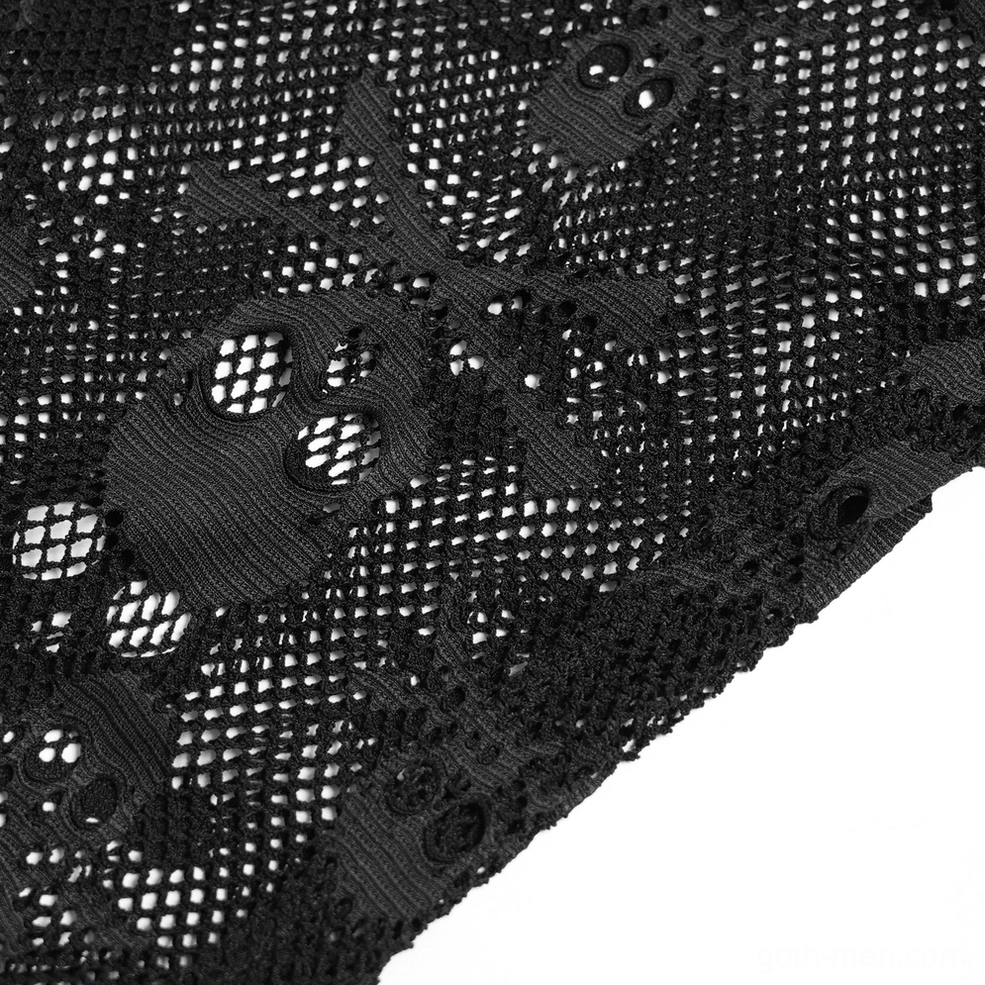 Macro close-up texture detail of black skull mesh hooded tank top fabric, showing 3D skull embroidery and fishnet mesh weave construction