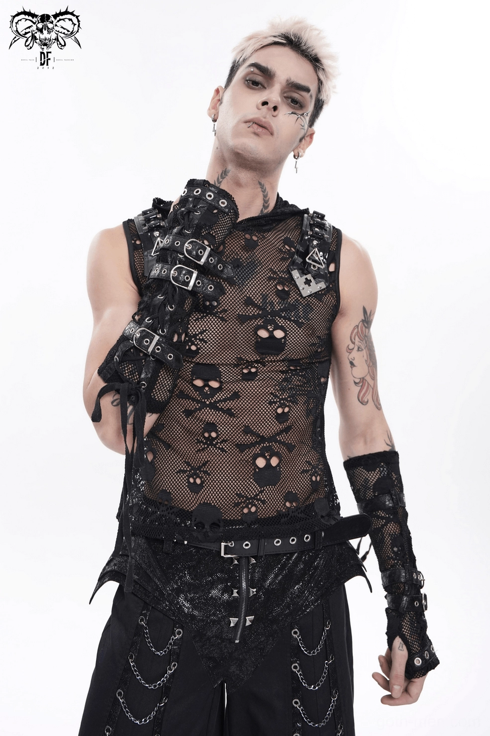 Black skull mesh hooded sleeveless gothic tank top detail shot showing metal shoulder plates, triangle accents, cross details and studs
