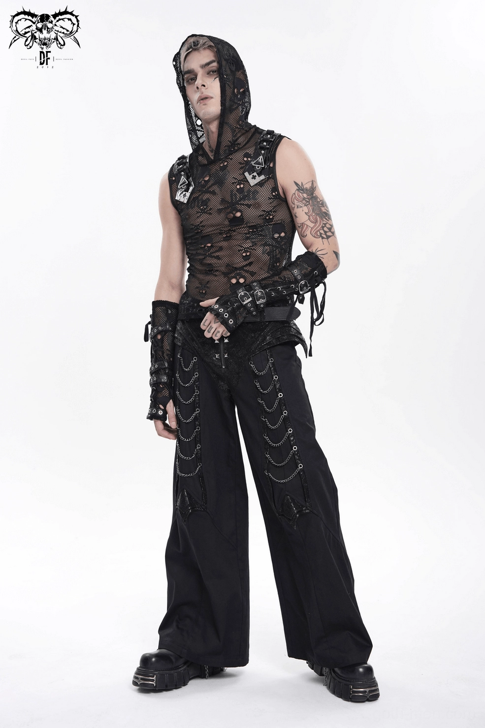 Black skull mesh hooded sleeveless gothic tank top showing hood construction and skull pattern continuity throughout garment design