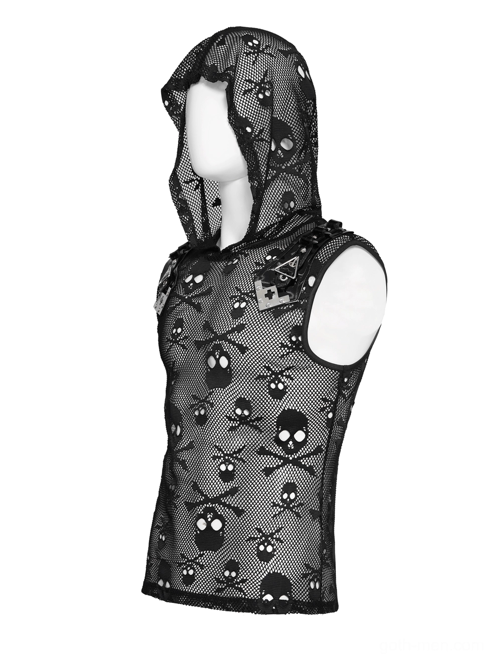 Black skull mesh hooded sleeveless gothic tank top side profile with hood raised on mannequin, emphasizing slim-cut sleeveless design