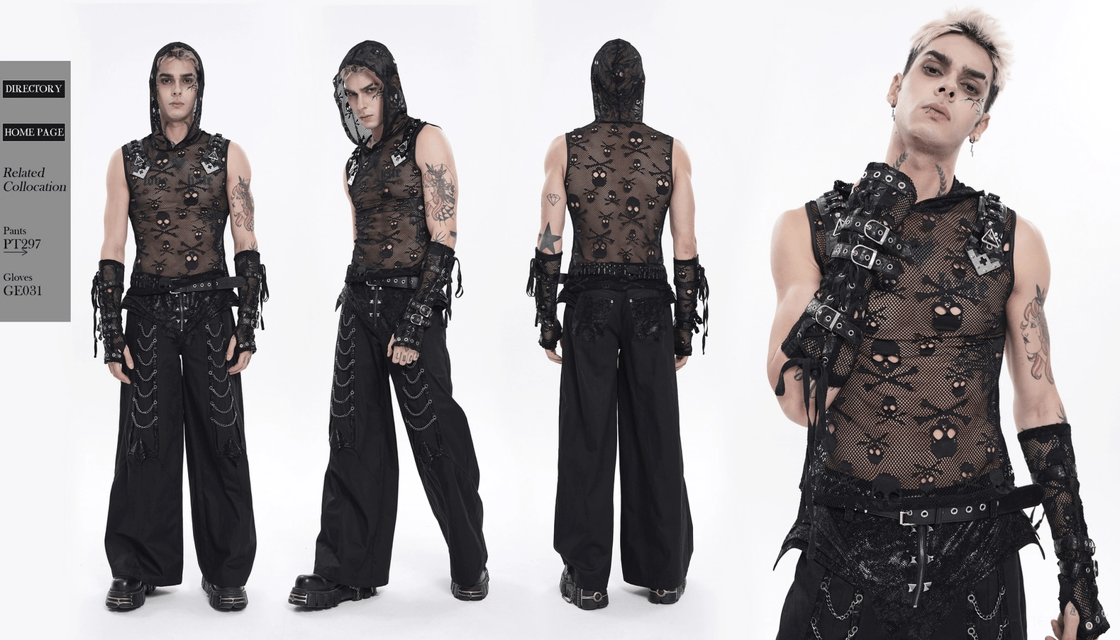 Black skull mesh hooded sleeveless gothic tank top lifestyle photography in alternative cultural context and community setting