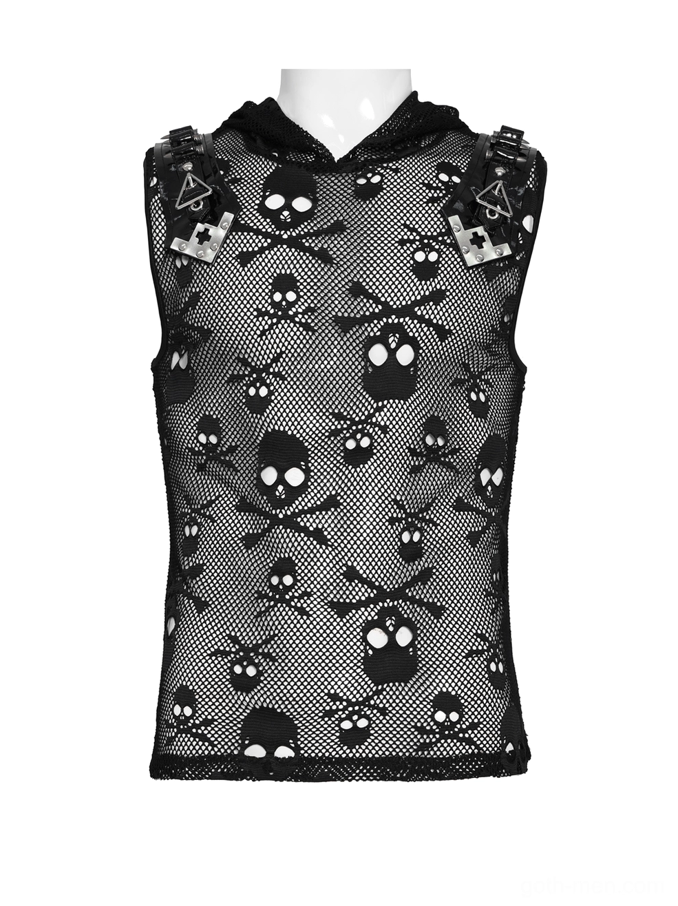 Black skull mesh hooded sleeveless gothic tank top front view on mannequin, showcasing skull and crossbone all-over print pattern and slim-fitting silhouette