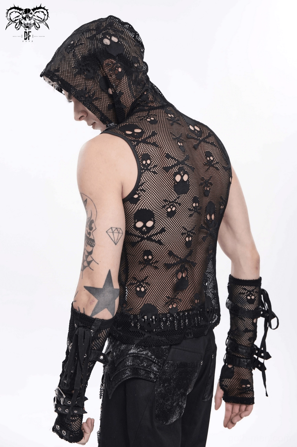 Black skull mesh hooded sleeveless gothic tank top mannequin display shot emphasizing slim fit construction and industrial aesthetic elements