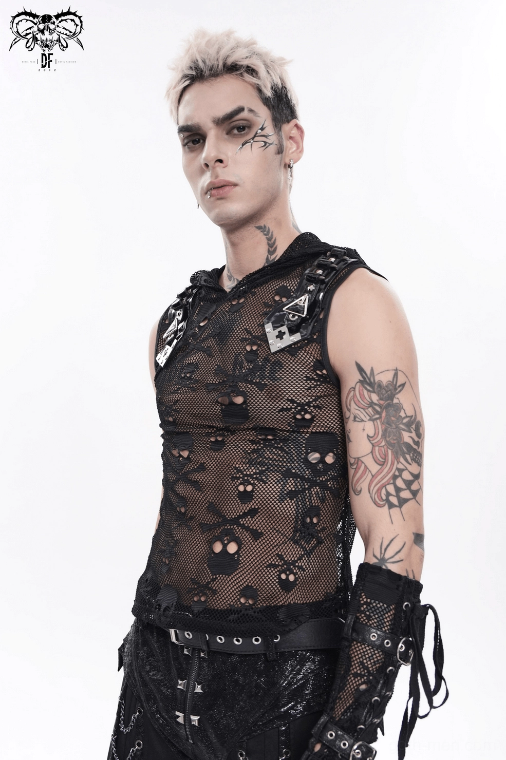 Black skull mesh hooded sleeveless gothic tank top showing mesh transparency and layering capabilities with interior construction
