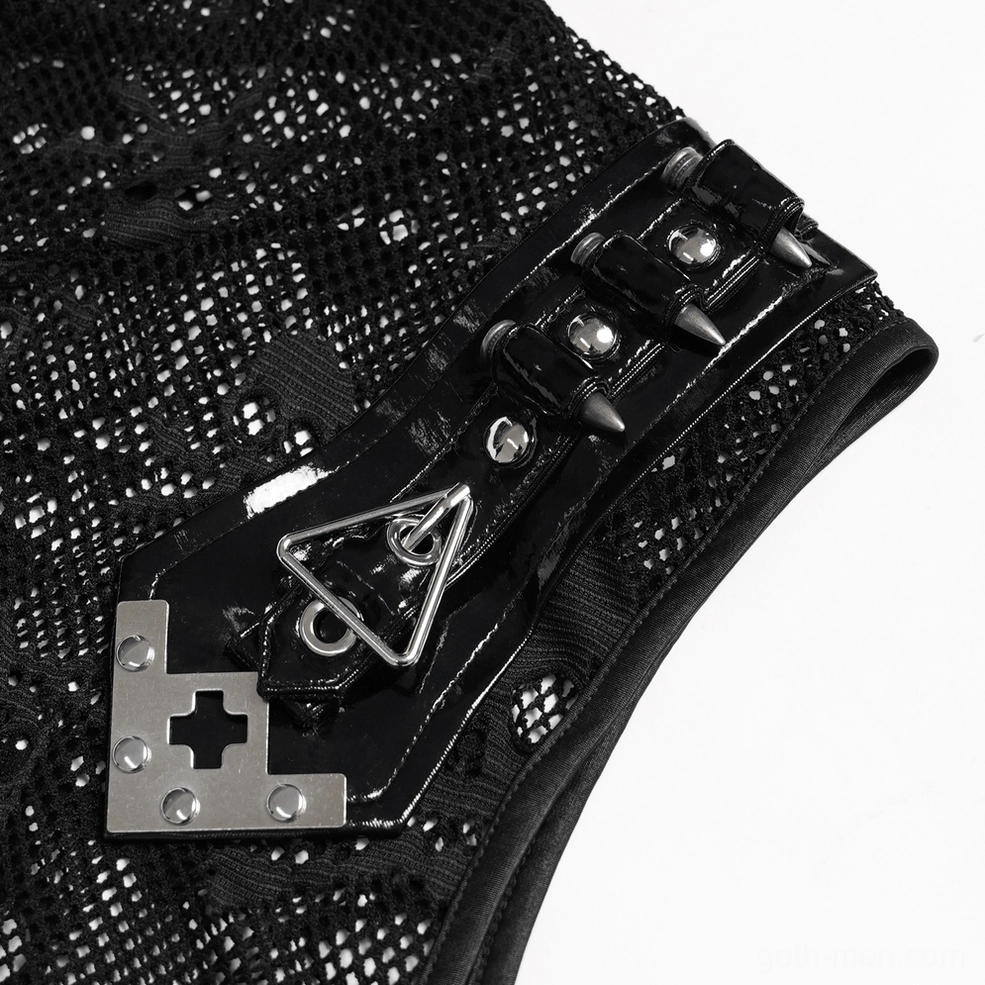 Black skull mesh hooded sleeveless gothic tank top product shot number one, full garment overview showing overall design and construction quality