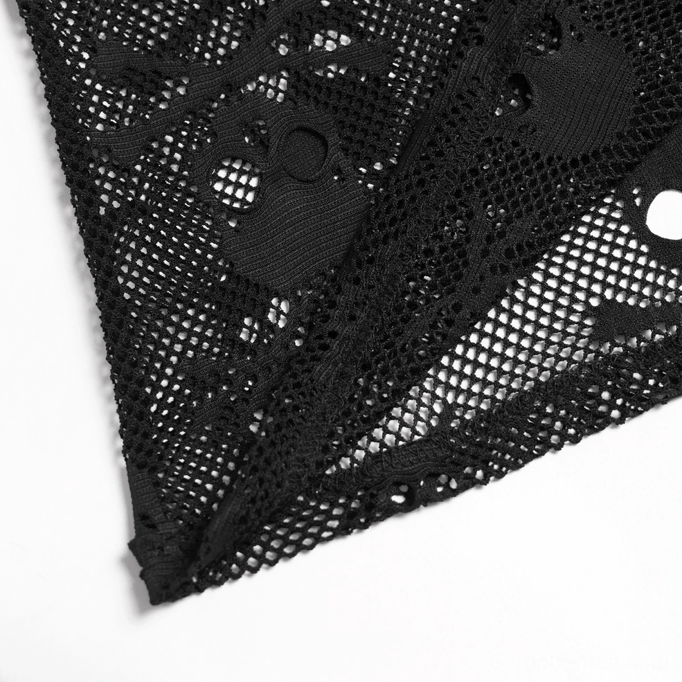 Black skull mesh hooded sleeveless gothic tank top product shot number two, detailed view of design elements and mesh quality