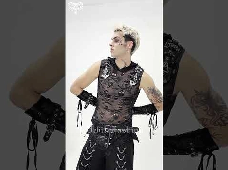 Black skull mesh hooded sleeveless gothic tank top side view on model with matching lace tie-strap gloves, demonstrating styling versatility