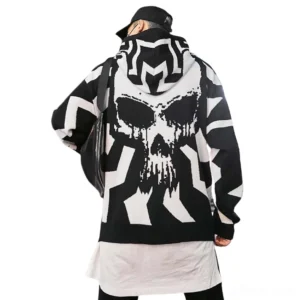 Black geometric skull print hoodie full rear angle - dark aesthetic knit fabric with bold back skull graphic