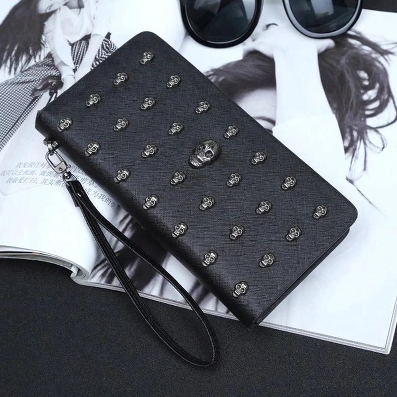 Gothic skull wallet styled on fashion magazine - black matte PU leather with detachable wrist strap and silver studs