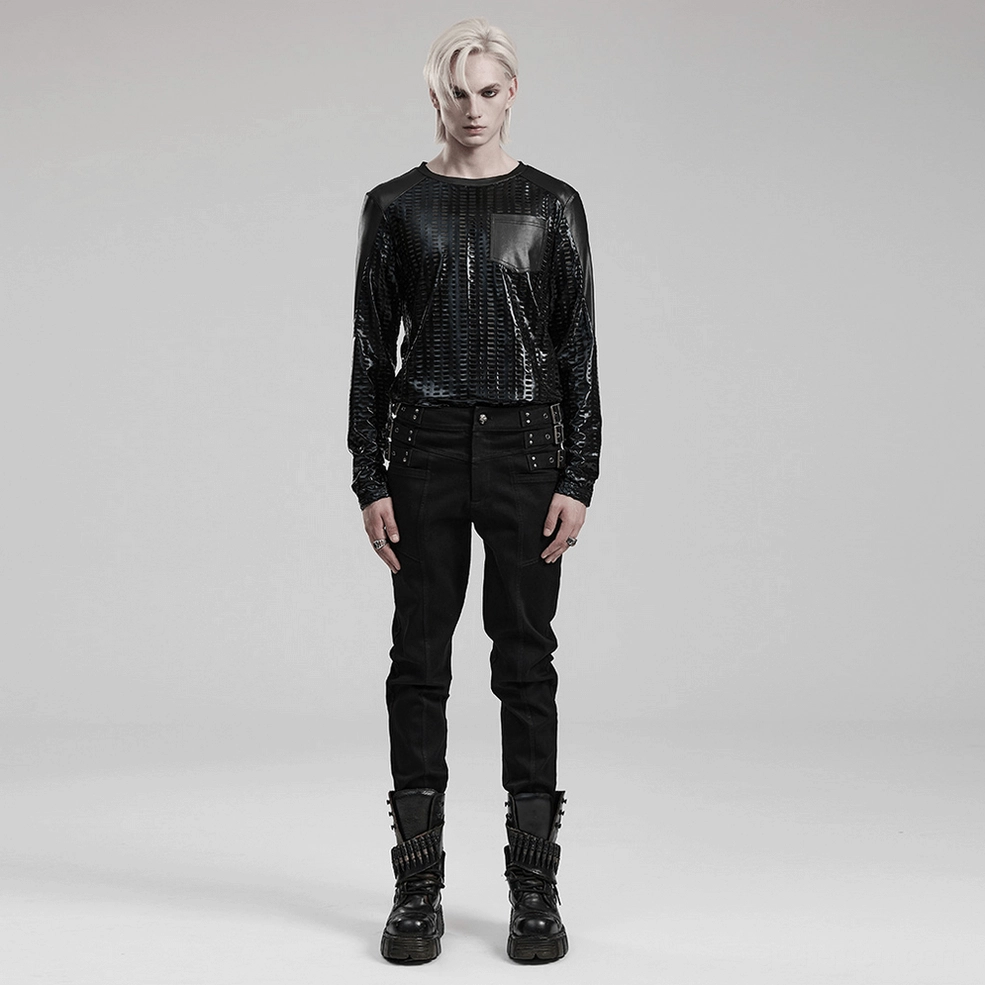 Alternative front flat view of black slim-fit gothic denim pants with high waist studded decoration