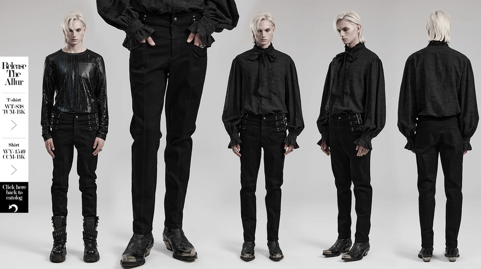 Full-body front presentation of black slim-fit studded gothic denim pants on dress form