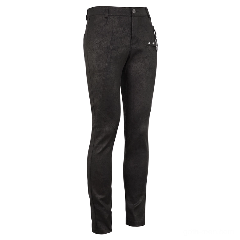 Black gothic slim pants side profile view pentagram charm skinny fit silhouette