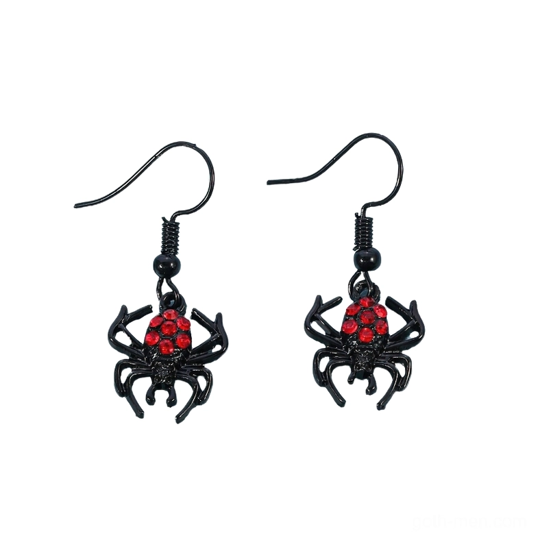 Black spider drop earrings with red rhinestone details, front flat lay view on white background, gothic jewelry showcase