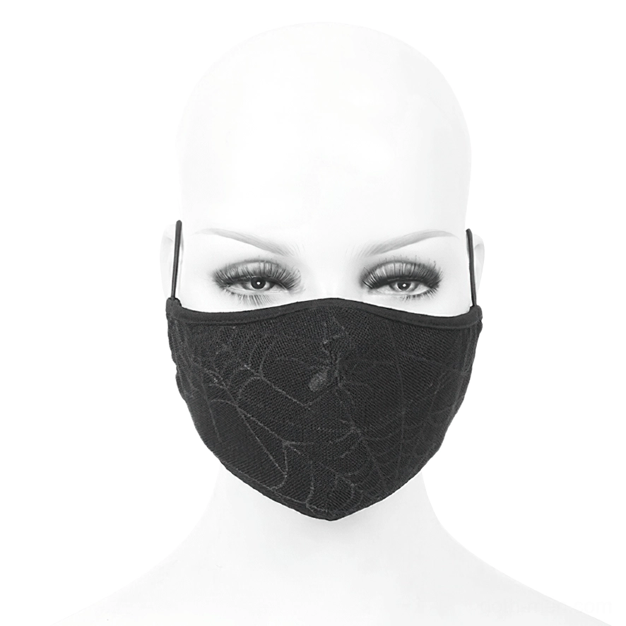 Black spiderweb gothic face mask on mannequin head, adjustable ear straps fully visible, front view