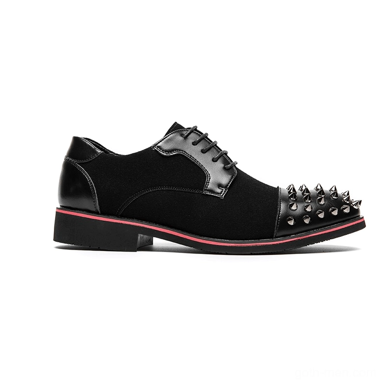 Full side profile of men's black spiked gothic derby shoe showing block heel and toe spike details