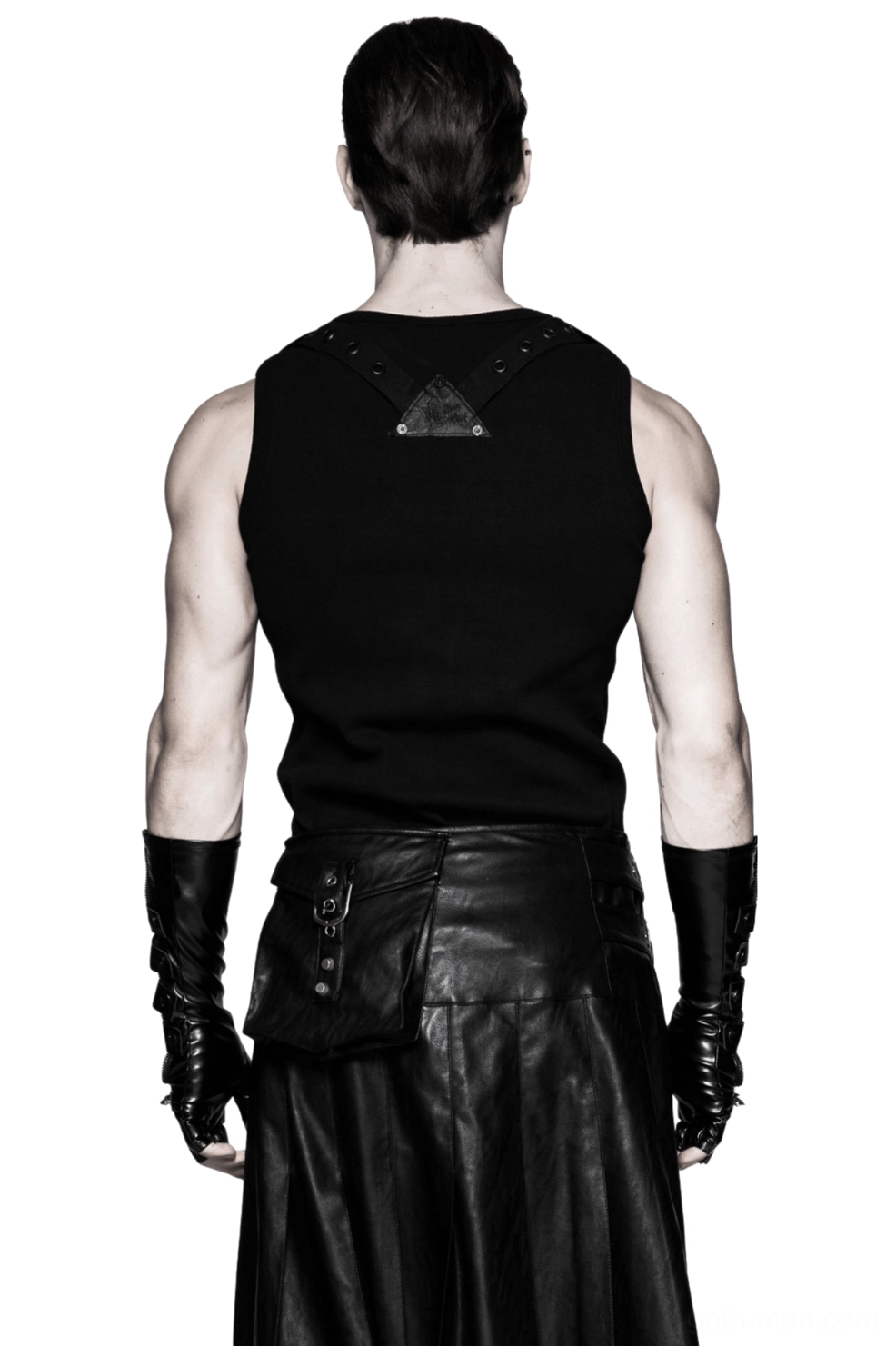 Back view of black gothic gauntlet gloves and leather skirt ensemble on male model