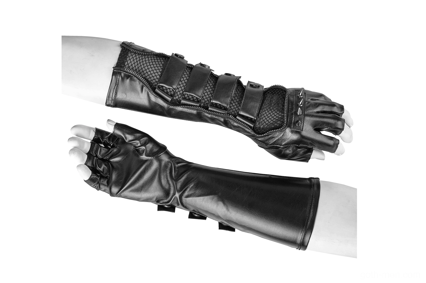 Overhead side view of black mesh and spiked gothic gauntlet gloves on mannequin arms