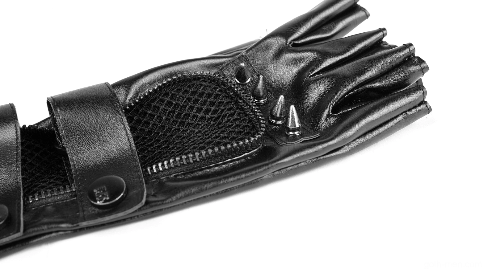 Close-up of spiked joints and mesh panel on black gothic gauntlet gloves with adjustable straps