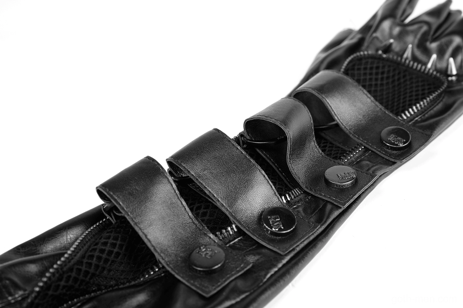 Close-up detail of black gauntlet gloves showing leather straps, metal buttons, and mesh panel