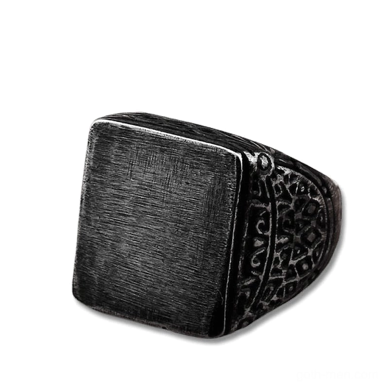 Black square signet gothic biker ring stainless steel flat lay front view