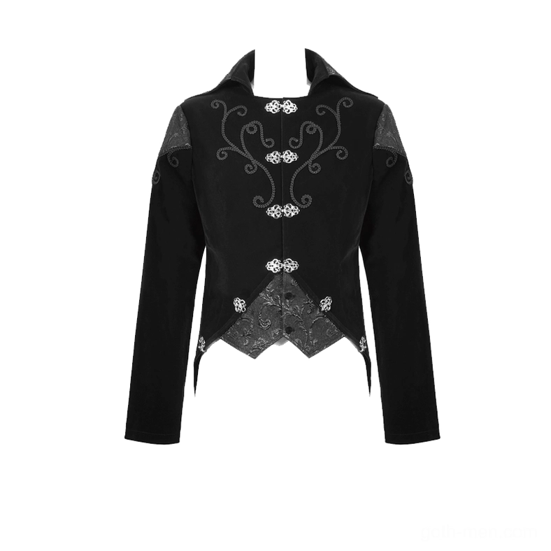 Black velvet steampunk coat flat lay front view displaying metal clasp buttons and scroll embroidery on dress form