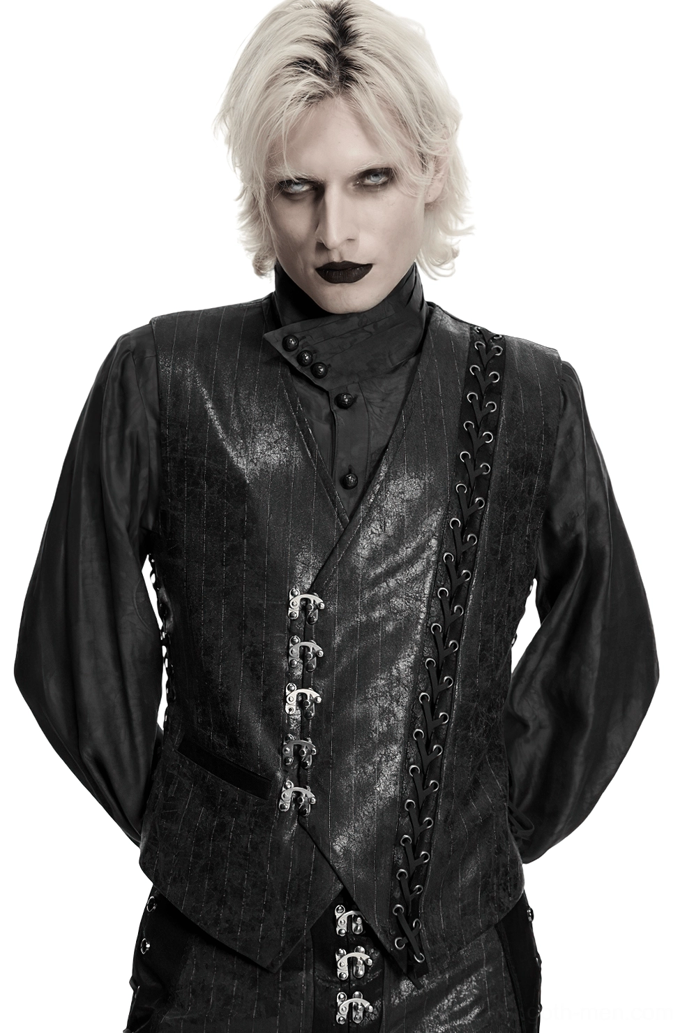 Black asymmetrical buckle steampunk waistcoat front view on male model, featuring V-neck design and cracked leather texture