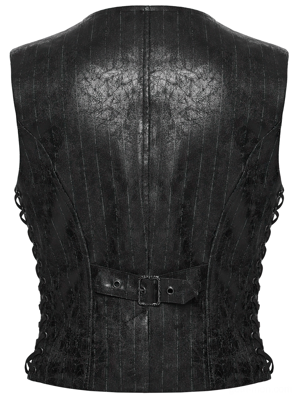 Back flat lay of black steampunk waistcoat displaying pinstripe fabric, adjustable buckle belt, and metal eyelet details