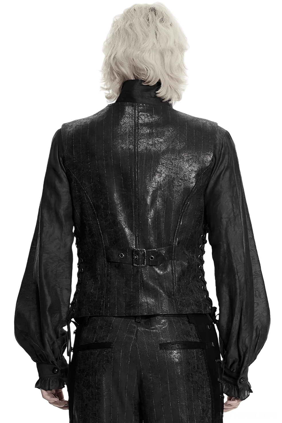 Black steampunk waistcoat back view showing pinstripe pattern, adjustable belt system, and side lace-up details