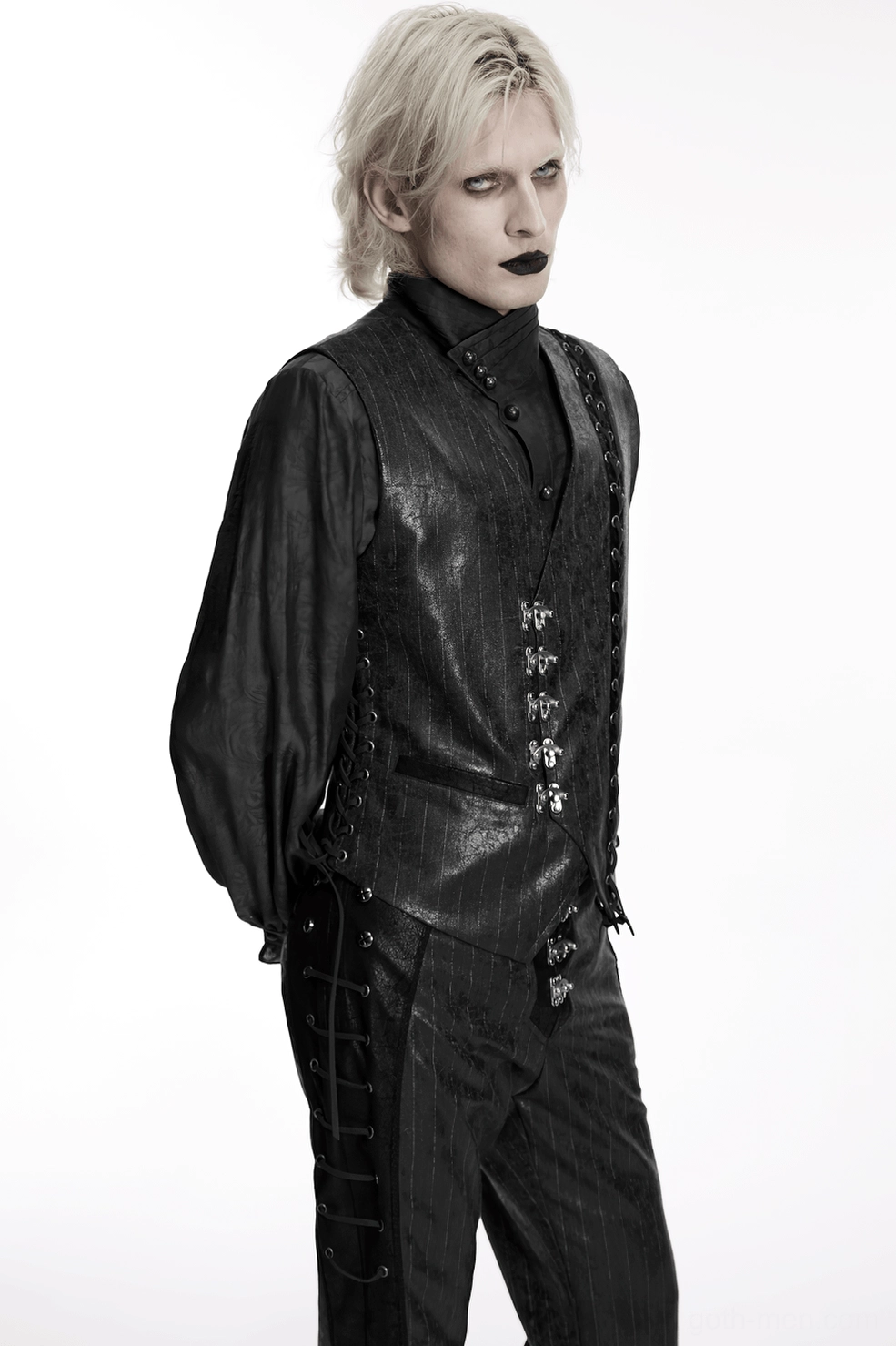 Black steampunk waistcoat fitted silhouette detail showing slim-fit tailoring and asymmetrical design elements