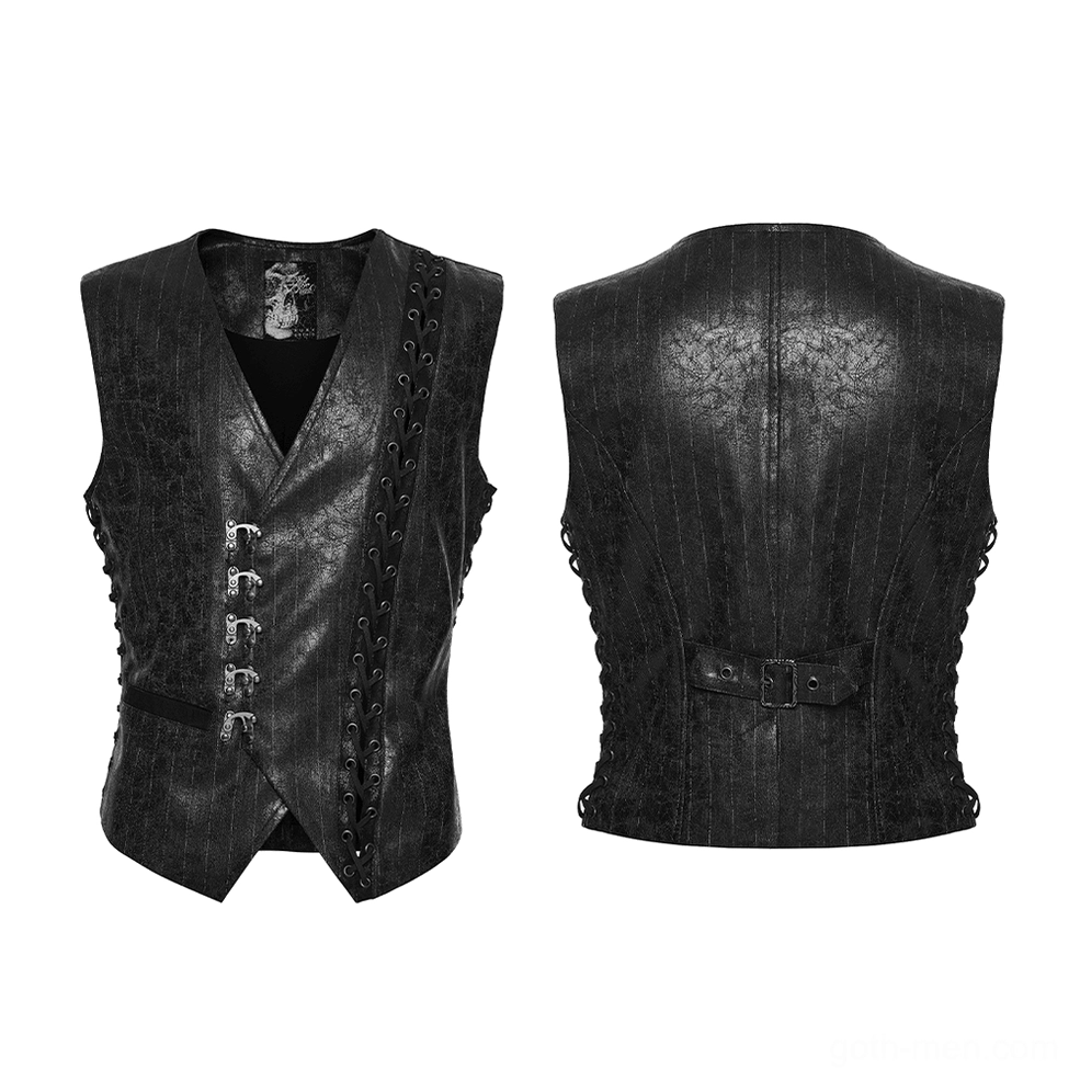 Black steampunk waistcoat dual flat lay front and back product display showing buckle fasteners and pinstripe design