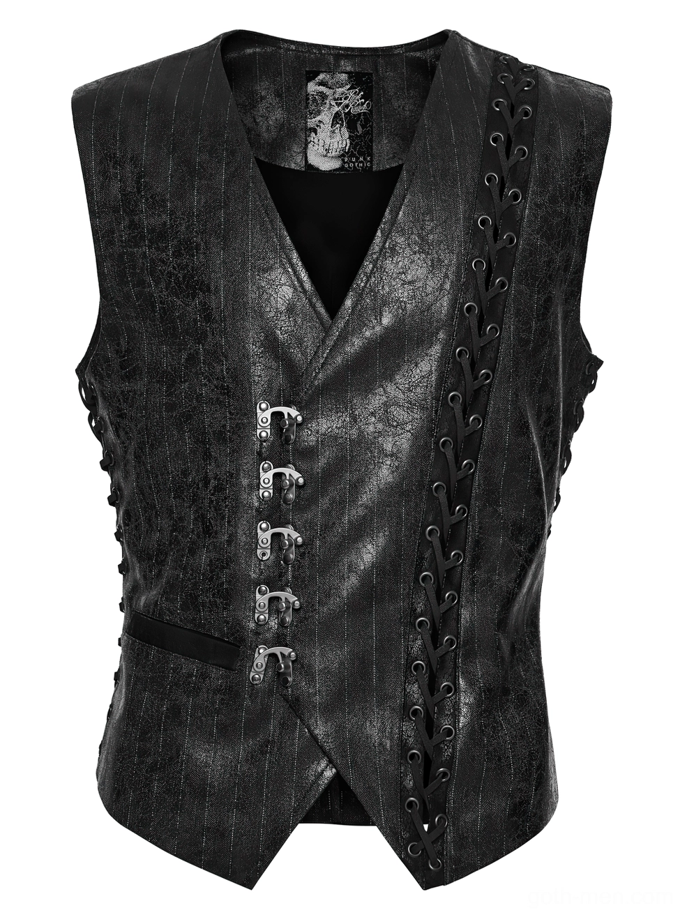 Front flat lay of black steampunk waistcoat featuring V-neck opening, metal claw buckles, and side lace trim