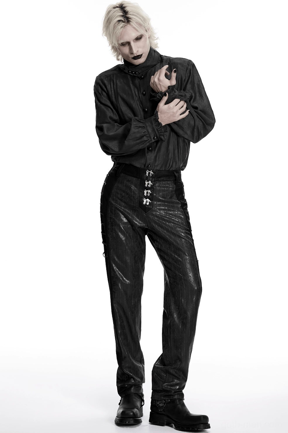 Black steampunk waistcoat full-length product view highlighting overall design, buckles, and lacing system