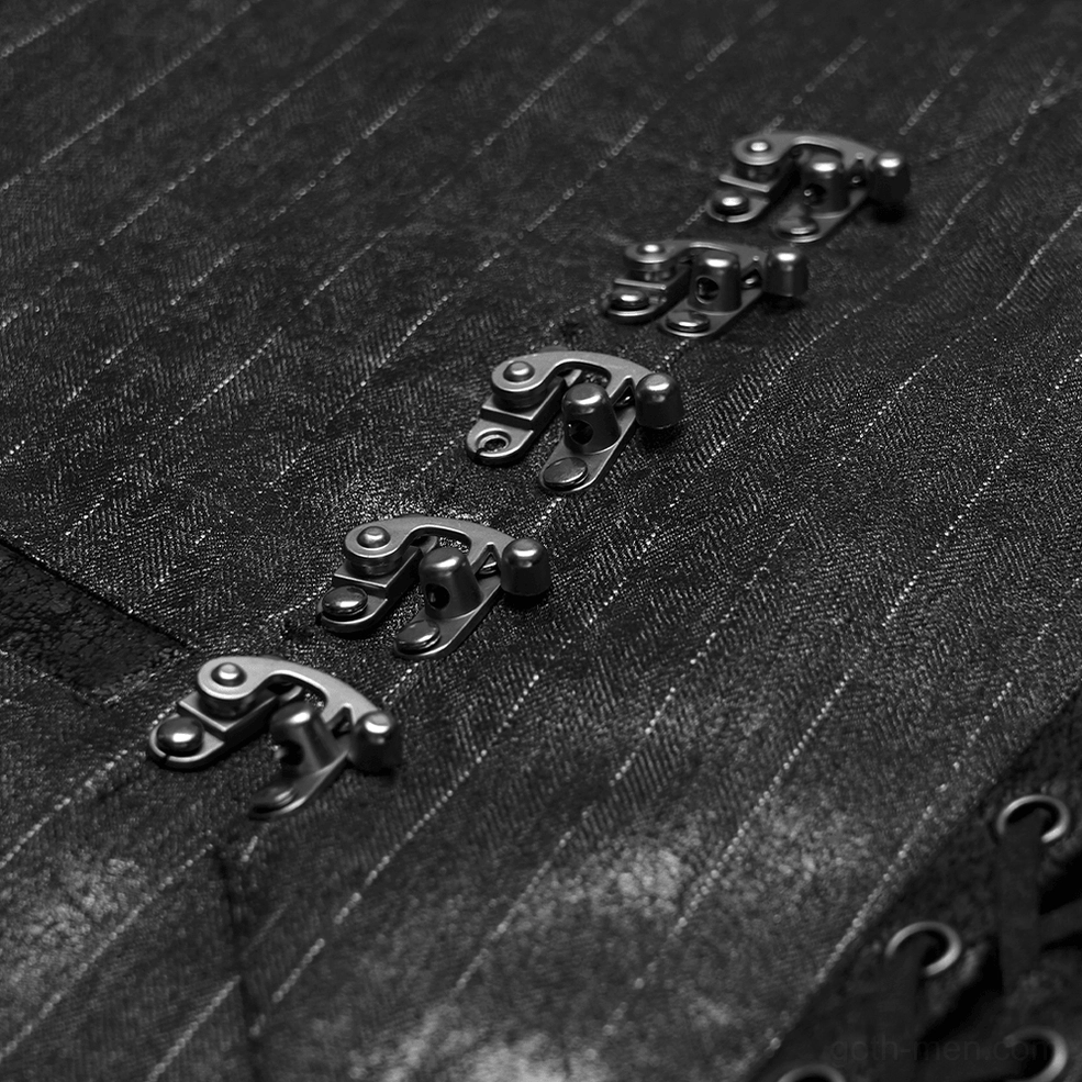 Close-up detail of black steampunk waistcoat metal claw buckles and pinstripe woven fabric texture