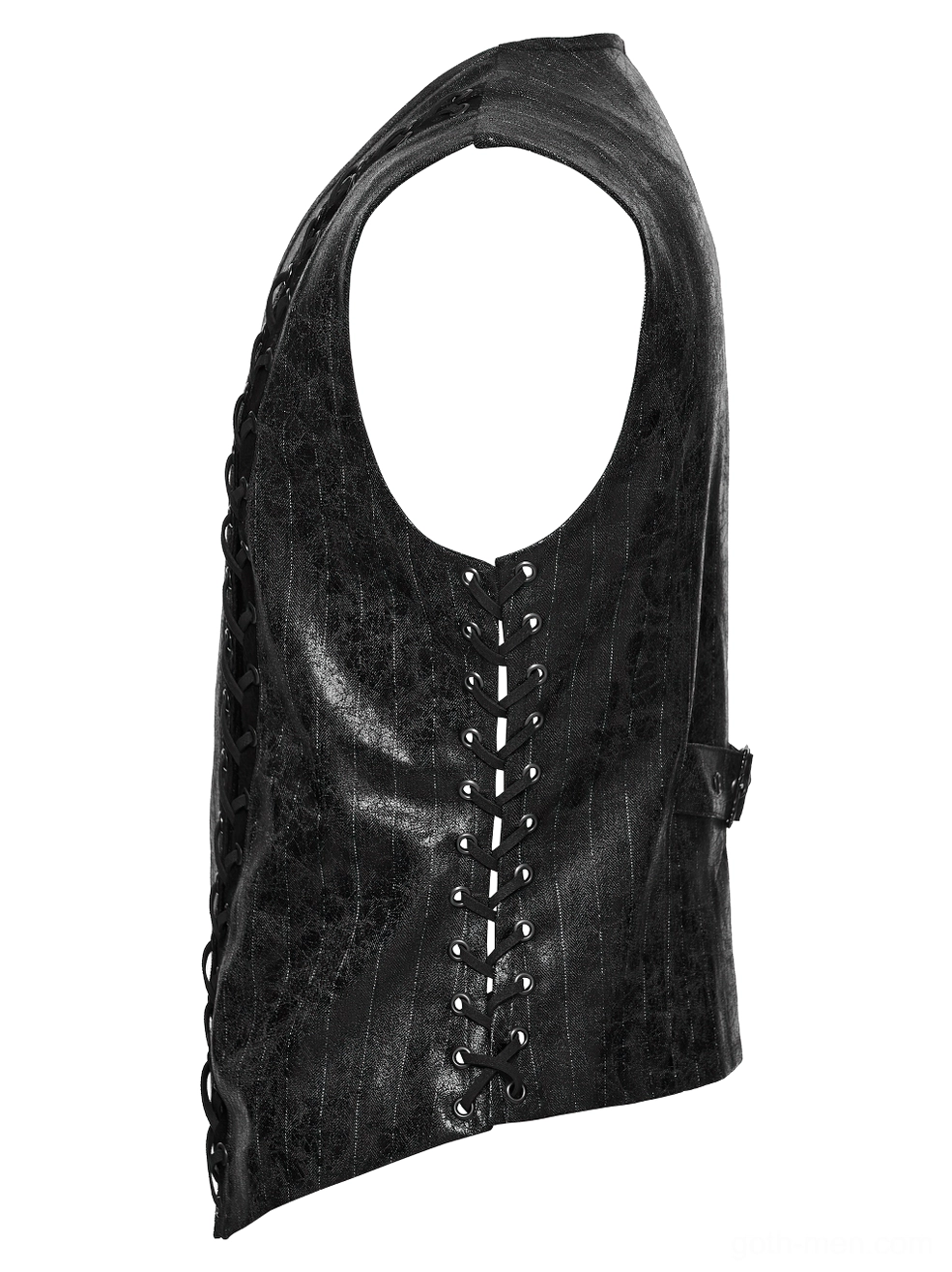 Side flat lay of black steampunk waistcoat showing lace-up back closure, slim tailored cut, and cracked leather texture